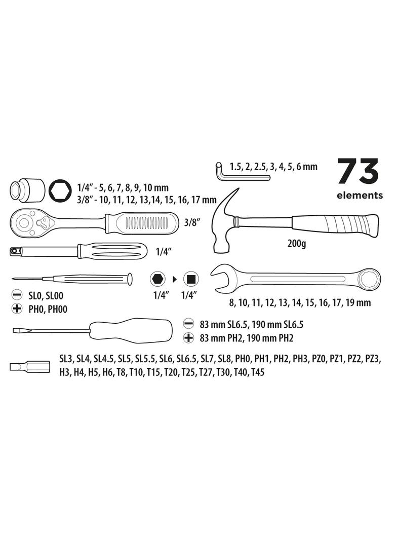 Zestaw narzędziowy 1/4", 3/8" 73 szt.