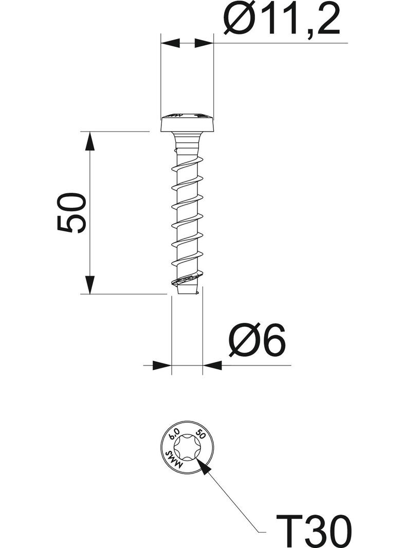MMS-plus 6X50 Kotwa wkręcana ognio. Łeb stożkowy, napęd T30 6x50mm St G