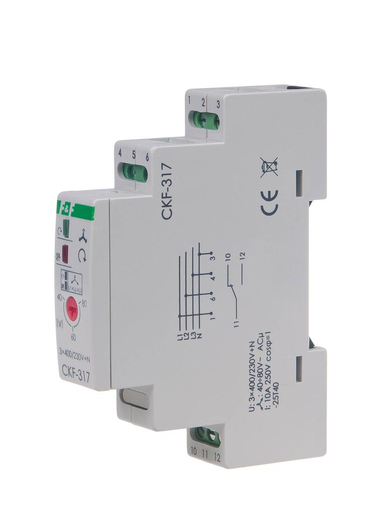 Mikroprocesorowy czujnik kolejności i zaniku faz z regulowanym progiem asymetrii, montaż na szynie D