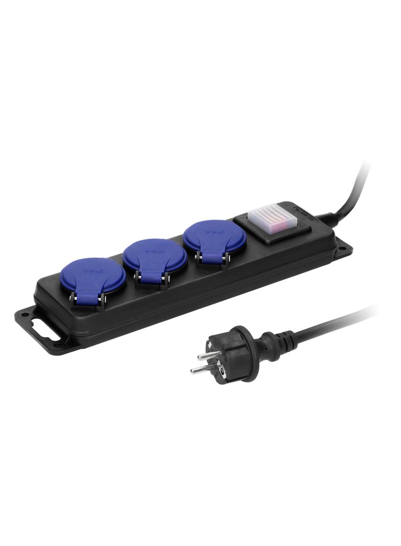 Przedłużacz warsztatowy bryzgoszczelny z wyłącznikiem IP44, 3 gniazda 2P+Z IP44, przewód gumowy, H05