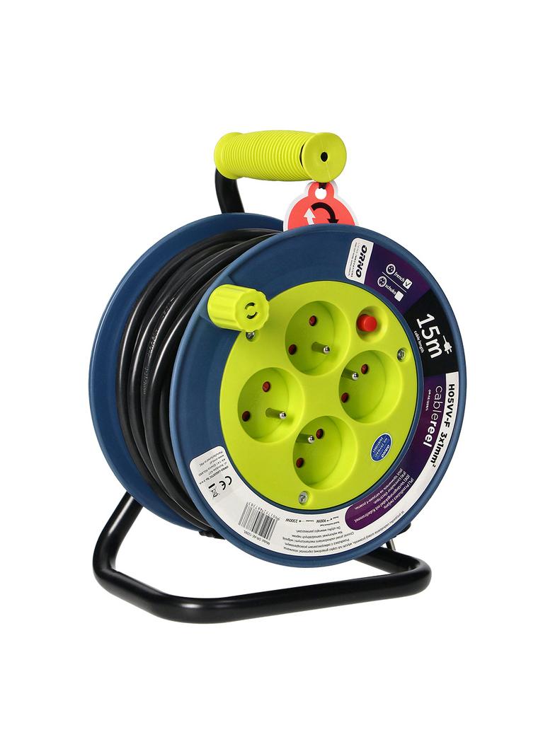 Przedłużacz bębnowy MINI 4 gniazda metalowy stojak polwinit H05VV-F 3x1mm2 długość 15m limonkowy OR-