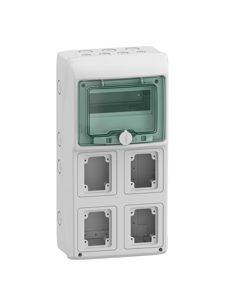 Rozdzielnica natynkowa 1x8 Mureva (dawna Kaedra) IP65 gMRV-1-8-NT-T/4 4 otwory 90x100mm 13179 Schneider