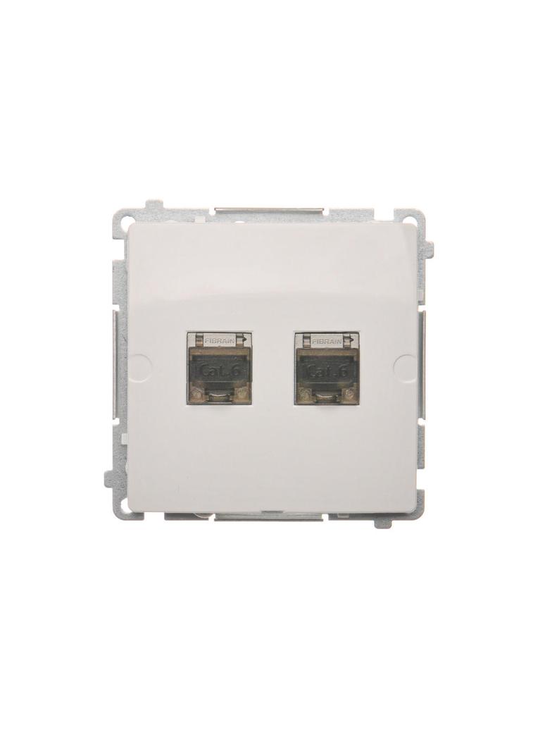 Simon Basic Gniazdo komputerowe RJ45 kategoria 6 podwójne ekranowane z przesłoną przeciwkurzową . Montaż na łapki lub wkręty biały BM62E.01/11 KONTAKT