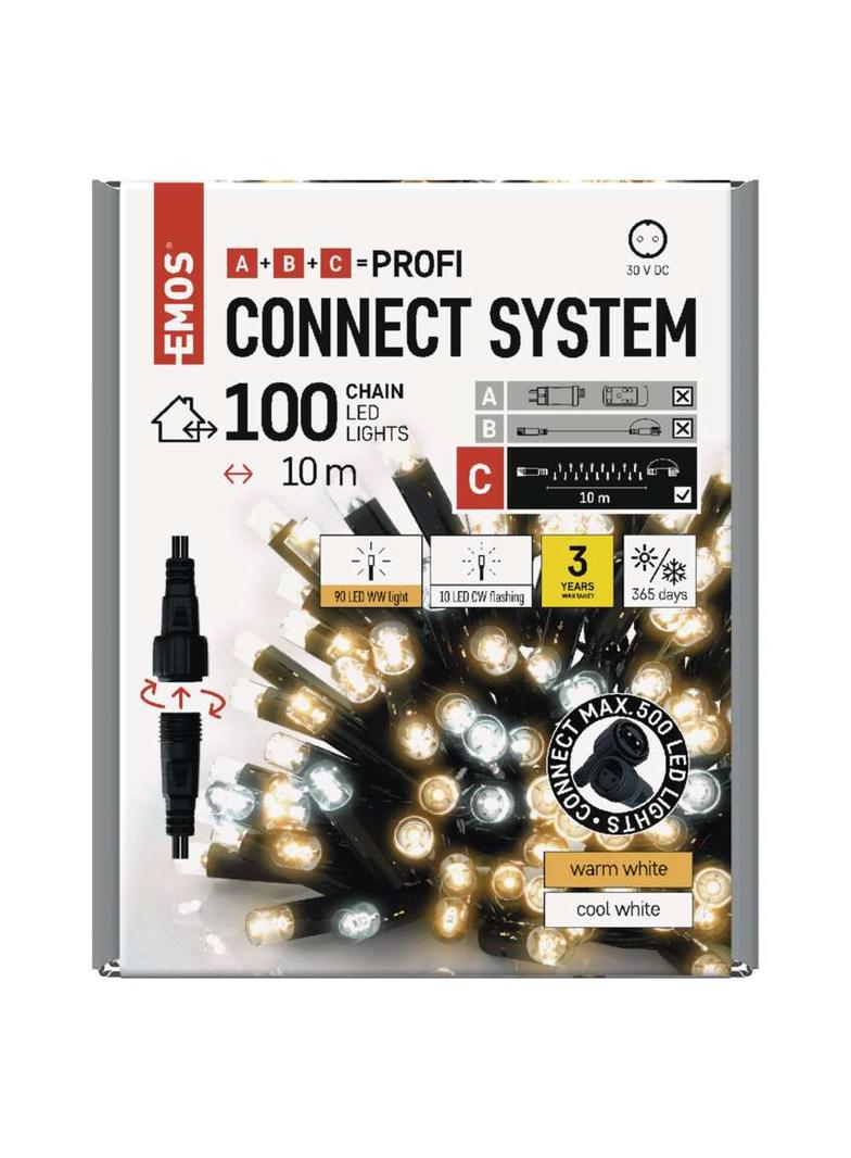 Lampki świąteczne łączone Profi łańcuch 100LED 10m ciepła biel+zimna biel miga czarny timer D2AN01 EMOS