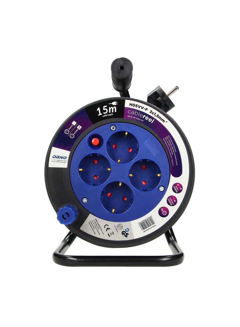 Przedłużacz bębnowy MINI, 4 gniazda 2P+Z (Schuko), metalowy stojak, polwinit H05VV-F 3x1.5mm2 - 15m OR-AE-13171(GS)/15M ORNO