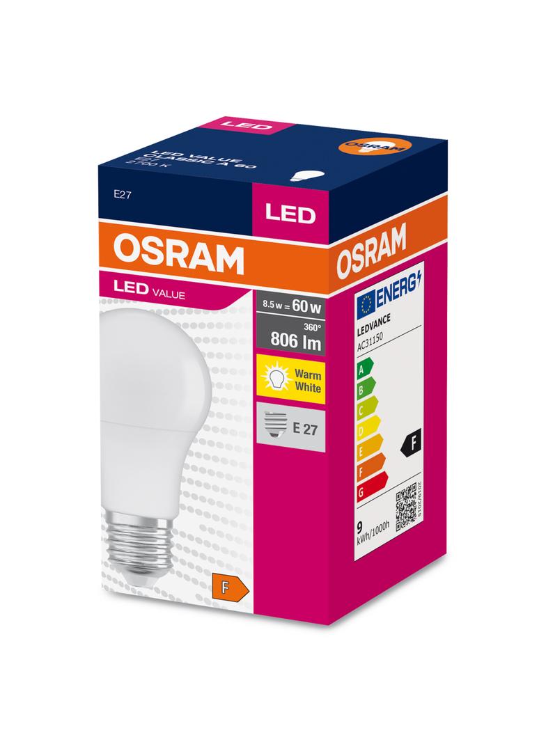 Żarówka LED A60 E27 8.5W = 60W 806lm 2700K Ciepła 200° VALUE CLASSIC Osram