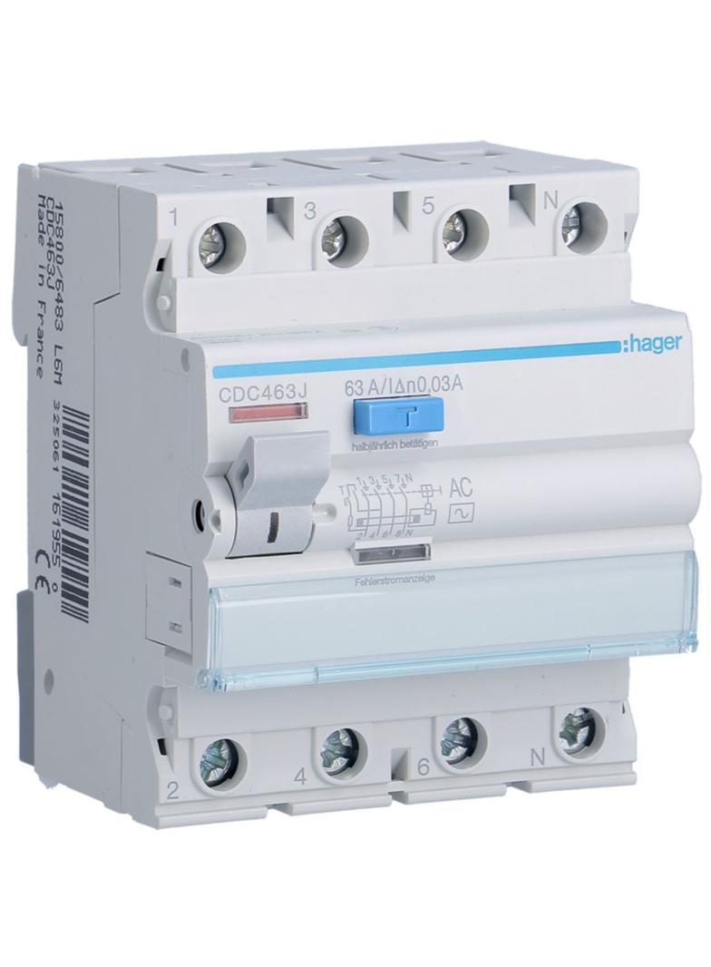 RCCB Wyłącznik różnicowoprądowy 3P+N 63A 30mA 6kA AC CDC463J HAGER