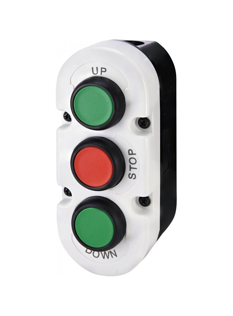 ESE3-V7 - Kaseta szaro-czarna, 3 płaskie przyciski 2NO zielone, 1NC czerwony UP, STOP, DOWN