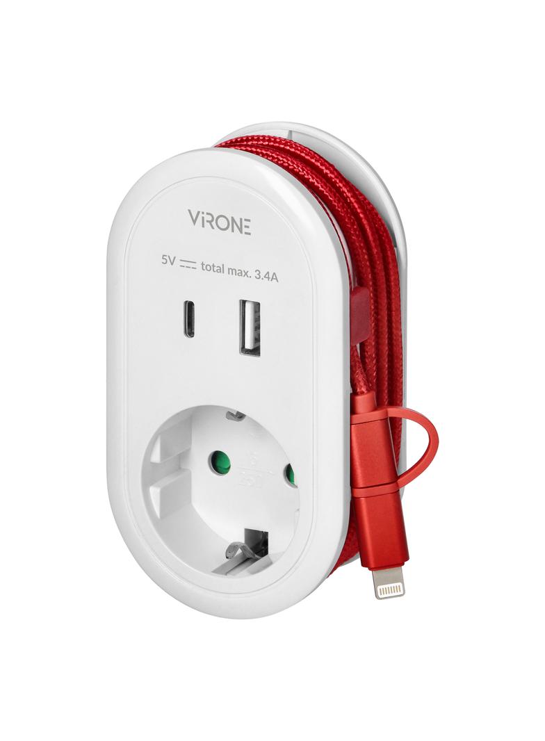 Adapter 1x 2P+Z z ładowarką USB (Typ A+C), 5V DC/ 3,4A, z dodatkowym kablem ładującym (typ C + Light