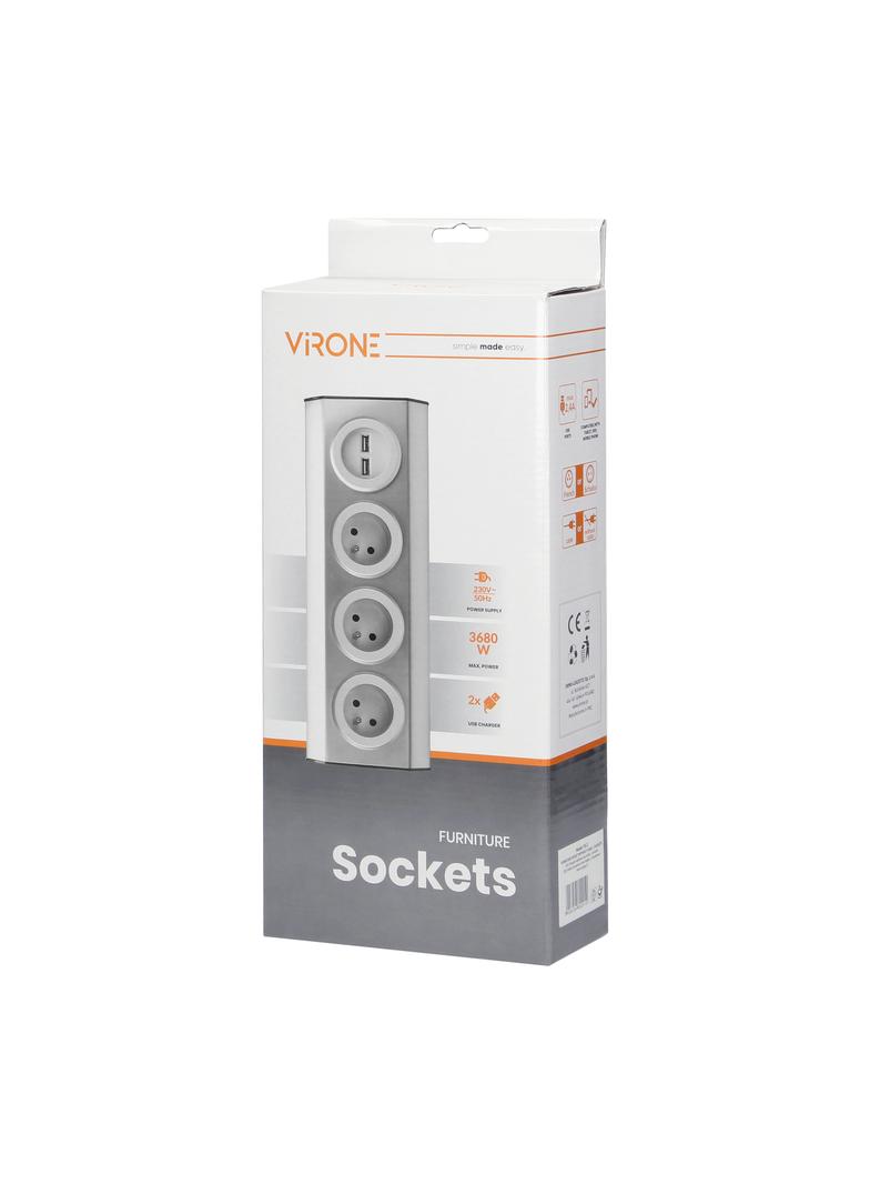 Gniazdo meblowe kuchenne montowane na rzepy z ładowarką USB - 3x2P+Z 2xUSB INOX. FS-3 ORNO