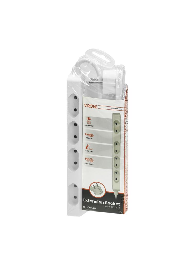 Przedłużacz 4 gniazda 2P/II, płaska wtyczka, przewód 2x0,75mm2 - 1,4m ES-2/W/1,4M ORNO