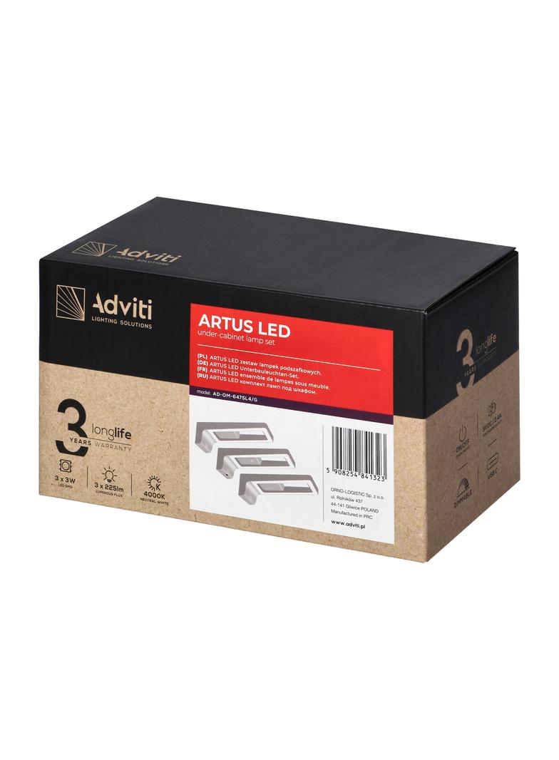 ARTUS zestaw 3 lampek podszafkowych LED, 3x3W, 3x225lm, 4000K, z włącznikiem dotykowym i USB, szare