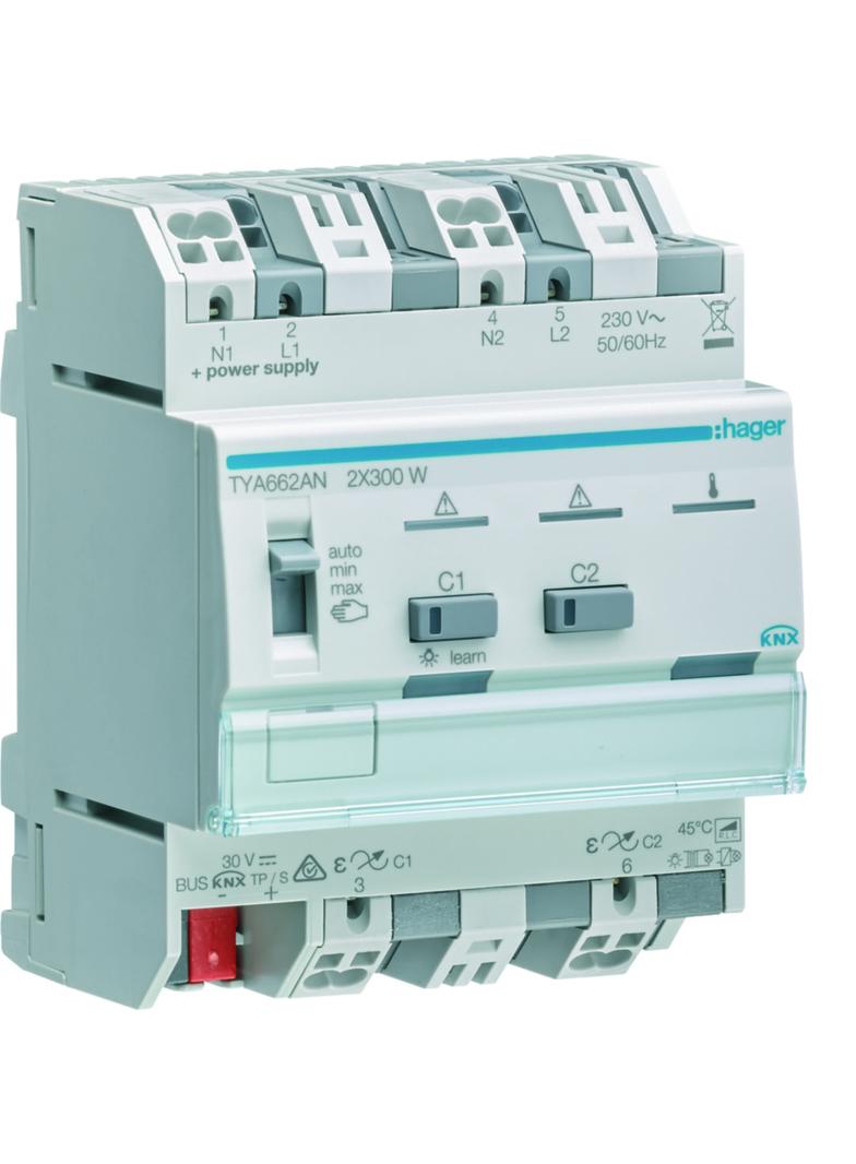 KNX system Ściemniacz uniwersalny 2-kan 2x300 W wielofazowy f. sumowania obc. TYA662AN HAGER