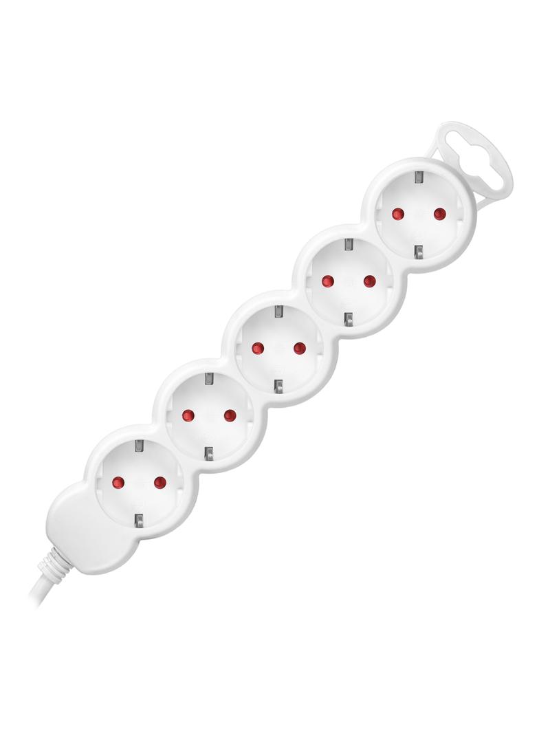 Przedłużacz 5-krotny 2P+Z (Schuko), 3m H05VV-F 3x1,5mm2, Imax=16A, płaska wtyczka, biały