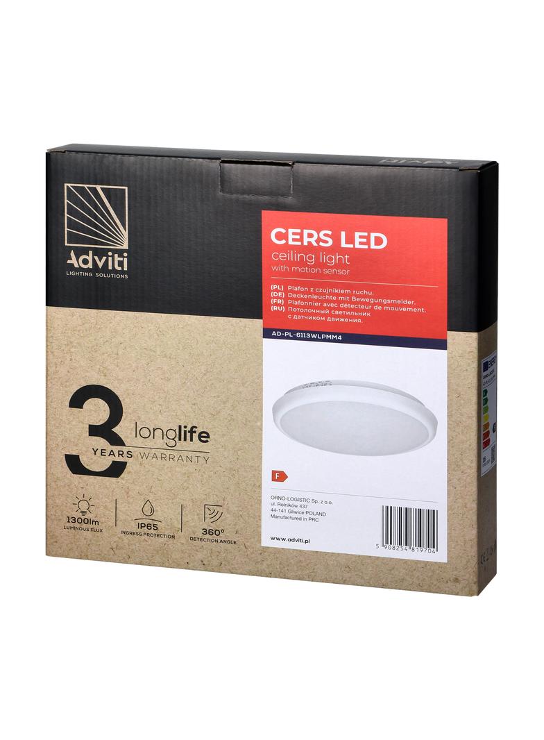 CERS LED 16W, plafon z mikrofalowym czujnikiem ruchu, 1300lm, IP65, 4000K, poliwęglan mleczny, biały AD-PL-6113WLPMM4 ORNO