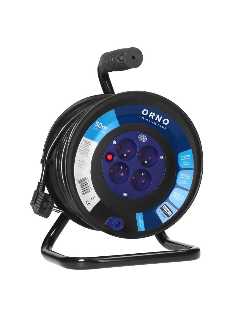 Przedłużacz bębnowy, 4 gniazda 2P+Z, kabel PVC H05VV-F 3x1.5mm2, 50m, termik, przesłony torów prądow