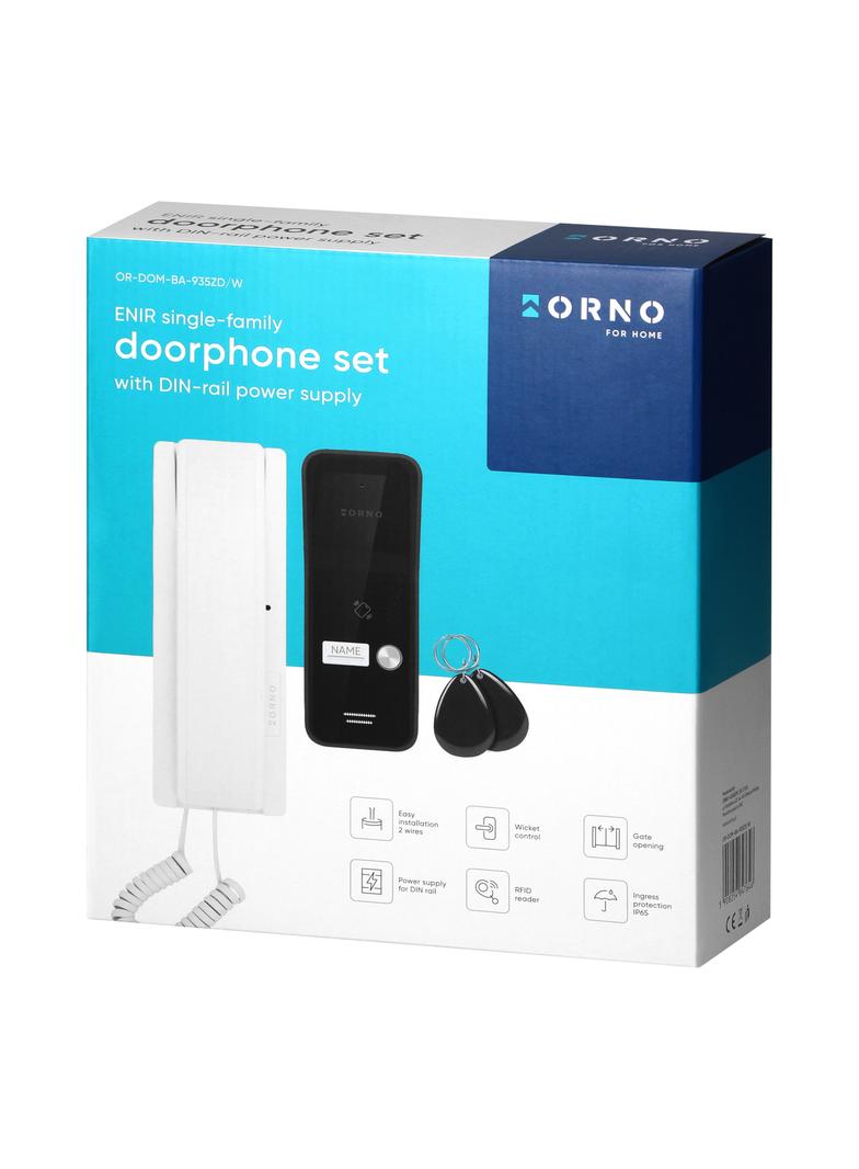 ENIR, zestaw domofonowy jednorodzinny, 2-żyłowy, zasilacz na szynę DIN, z czytnikiem breloków, biały