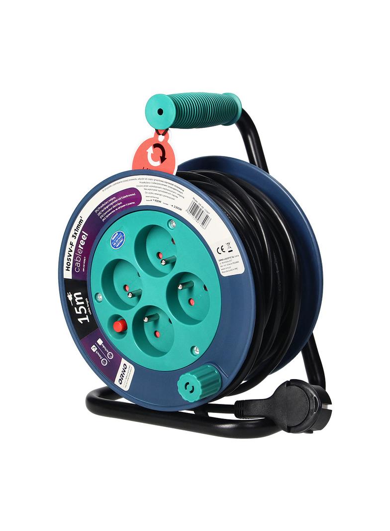 Przedłużacz bębnowy MINI 4 gniazda metalowy stojak polwinit H05VV-F 3x1mm2 długość 15m turkusowy OR-