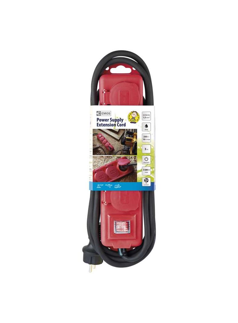 Przedłużacz z wyłącz. 4 gn, 3m 1,5mm, IP44 guma, czerwony P14131 EMOS
