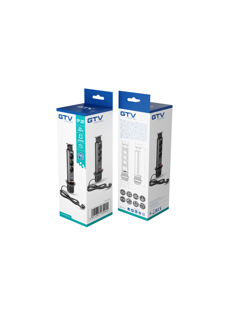 BIURKOWY PRZEDŁUŻACZ WPUSZCZANY 60MM, 3X SCHUCKO, 2XUSB 2,1A 5V (CZARNY)