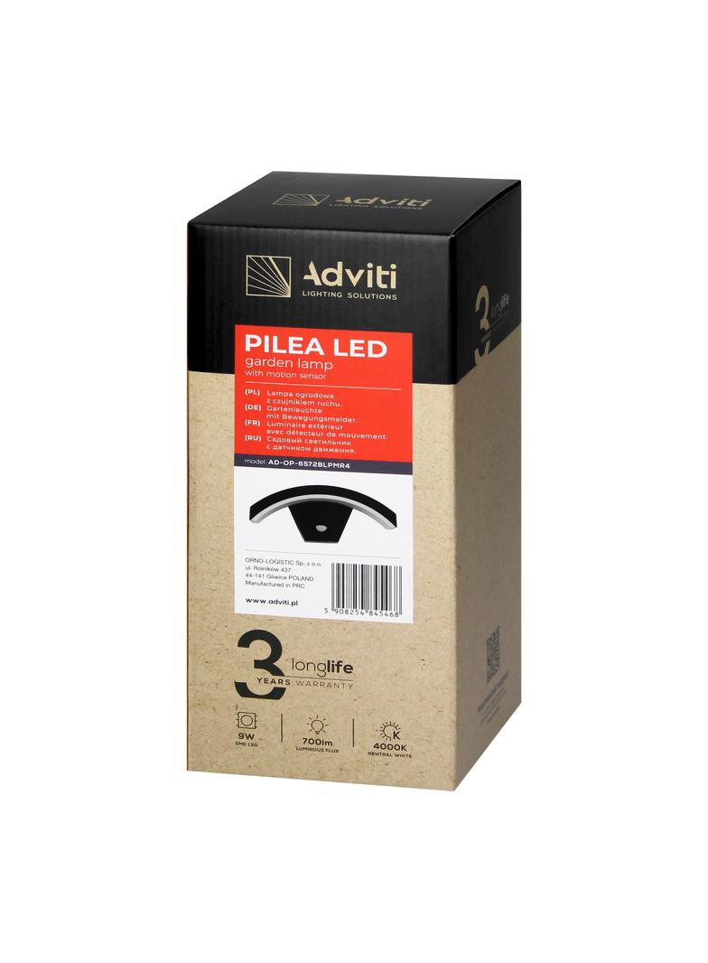 PILEA LED 9W, lampa ogrodowa z czujnikiem PIR, 700lm, IP54, 4000K, czarna AD-OP-6572BLPMR4 ORNO