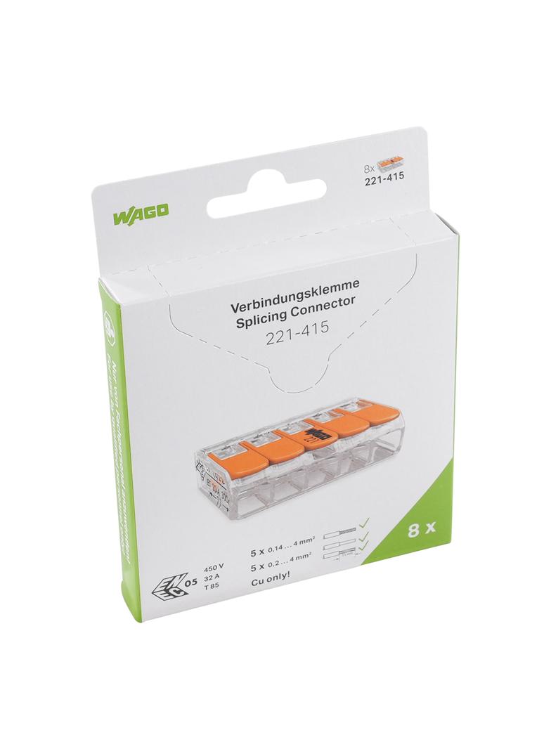 Szybkozłączka z dźwignią 5x 0,2‑4mm2 transparentna / pomarańczowa 221‑415, 221‑415/995‑008 /8szt./ WAGO