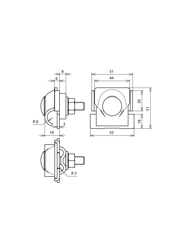 Zacisk FS do iglicy fi 16 mm i 2 drutów fi 8-10 mm, Al