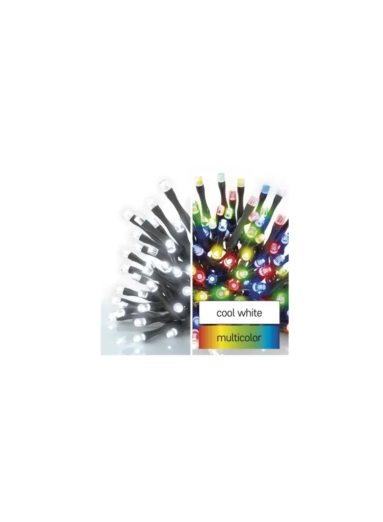 Lampki choinkowe 100LED 10m, 2 w 1 zimna biel lub multikolor, czarny, 8 programów, IP44