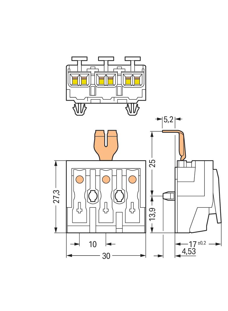 złączka zasilająca 3-biegunowa ze stopkami ze styk. PE