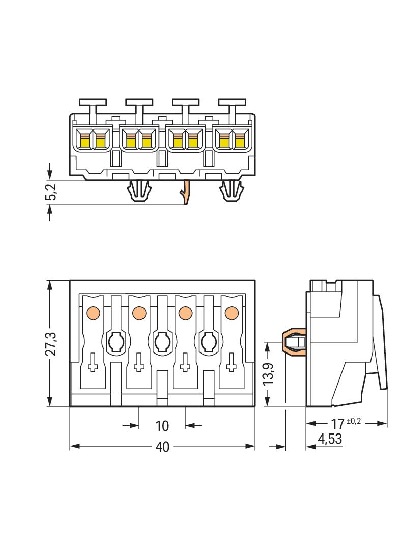 złączka zasilająca 4-biegunowa ze stopkami ze styk. PE