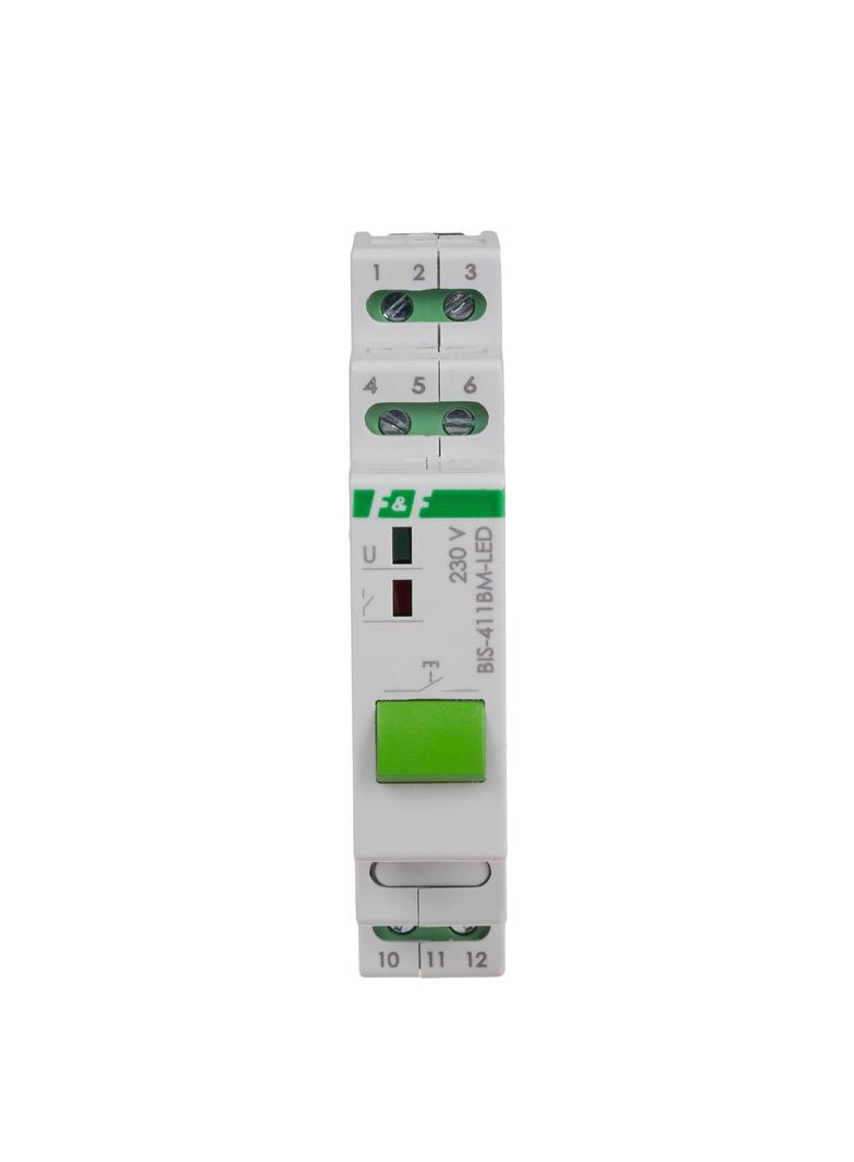 Przekaźnik bistabilny z przyciskiem do sterowania ręcznego pamięcią montaż na szynie DIN 230V z przekaźnikiem inrush 160A/20ms BIS-411BM-LED F&F