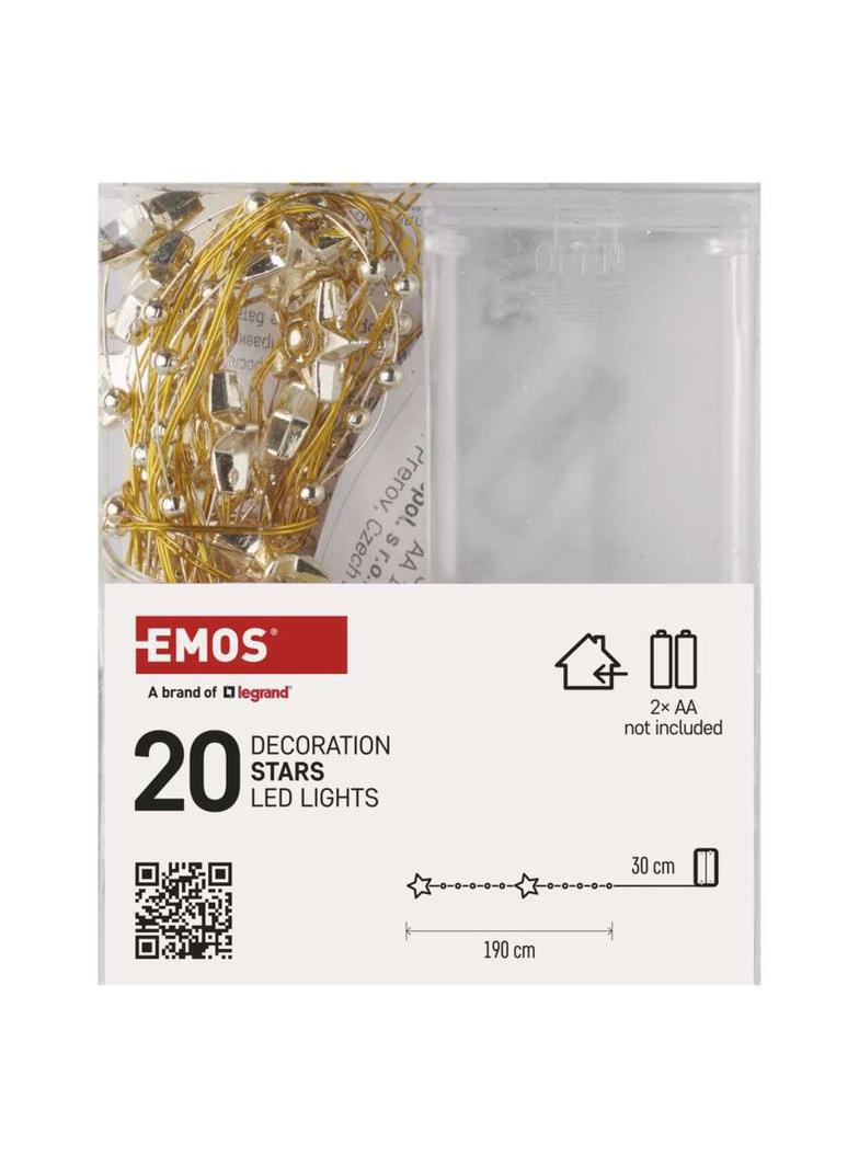 Lampki choinkowe gwiazdki 20 LED 2x AA, ciepła biel, złoty przewód, IP20, timer DCGW09 EMOS