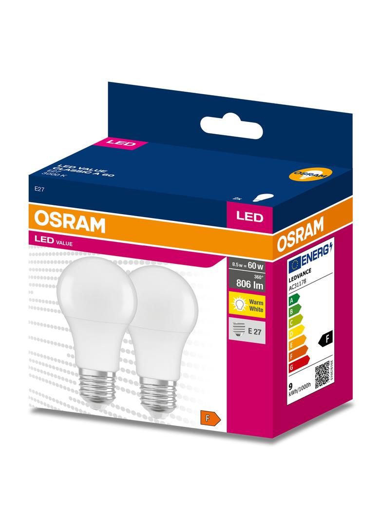 Żarówka LED x2 A60 E27 8W = 60W 806lm 3000K Ciepła 180° VALUE CLASSIC Osram
