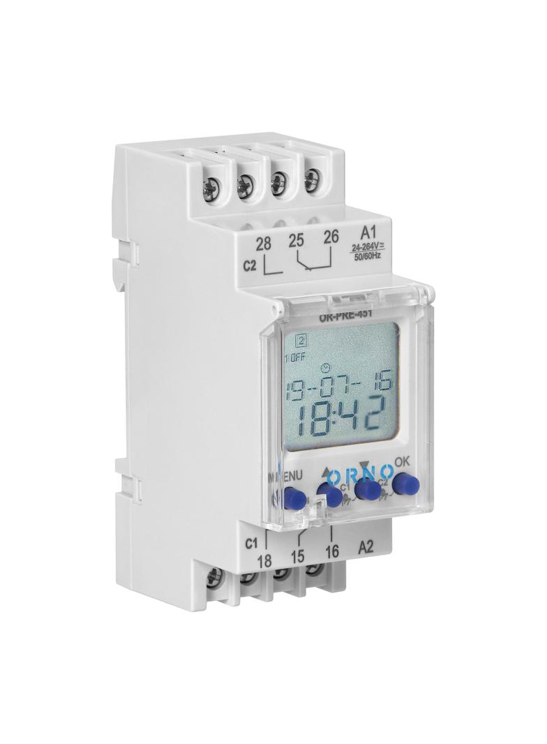 Elektroniczny programator czasowy, 100 programów, 3 języki menu, 2 wyjśćia przekaźnikowe 16A/230V, s OR-PRE-451 ORNO