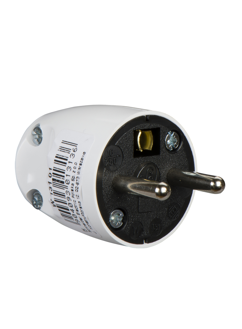 Wtyczka 2P+PE, proste wyprowadzenie przewodu, biały
