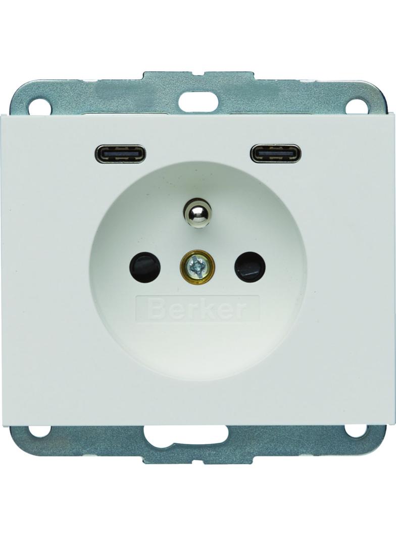 K.1 Gniazdo z uziemieniem z ładowarką USB C+C 20W PD, biały połysk 48167009 HAGER