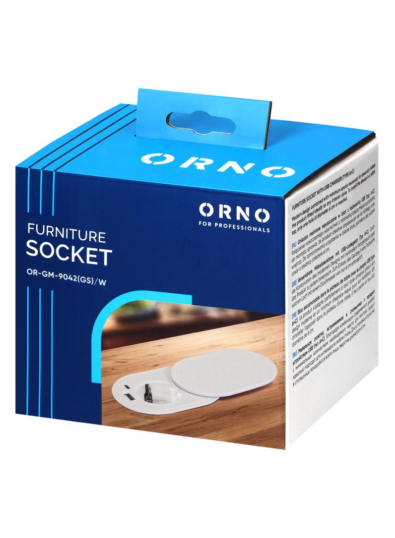 Gniazdo meblowe O6cm, wpuszczane w blat z przesuwną pokrywką, ładowarką USB i przewodem 1,9m, 1x2P+Z