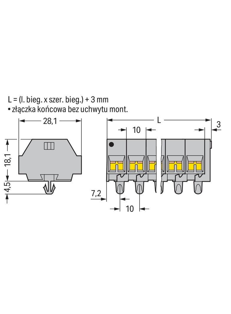 listwa zaciskowa 4-przewodowa 2,5mm2 5-torowa szara stopki montażowe /100szt./ WAGO