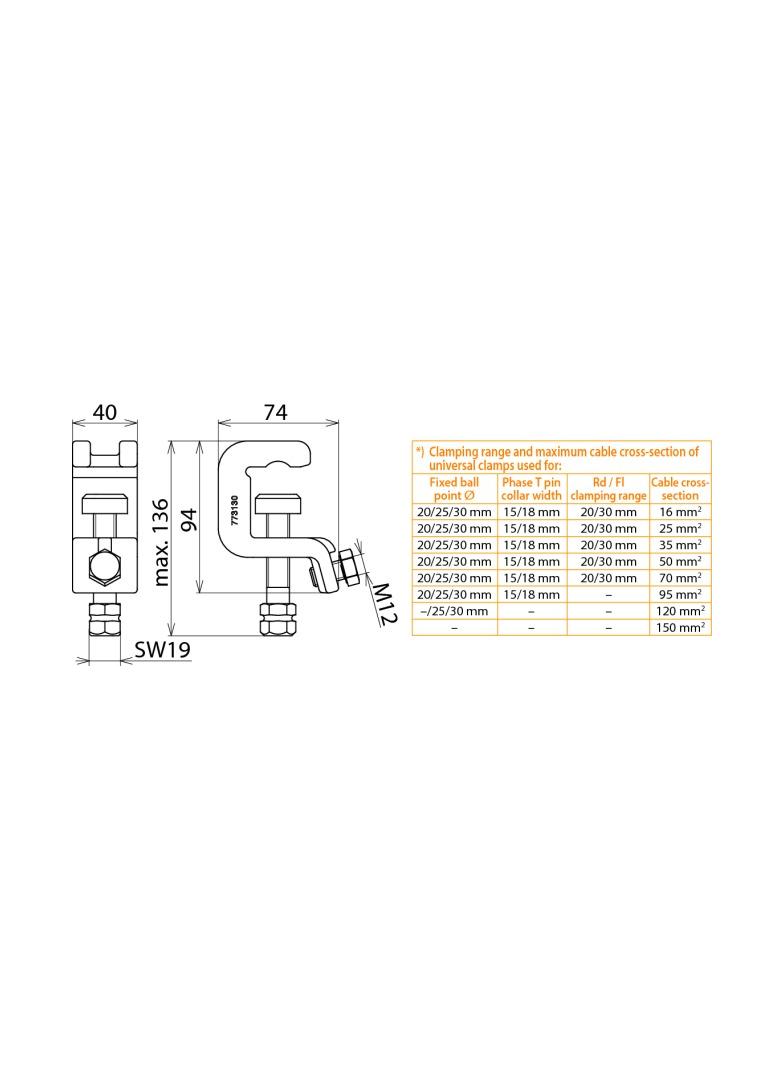 Zacisk uniwersalny, 25-120 mm2, fi25/30 mm, złącze 6-kątne