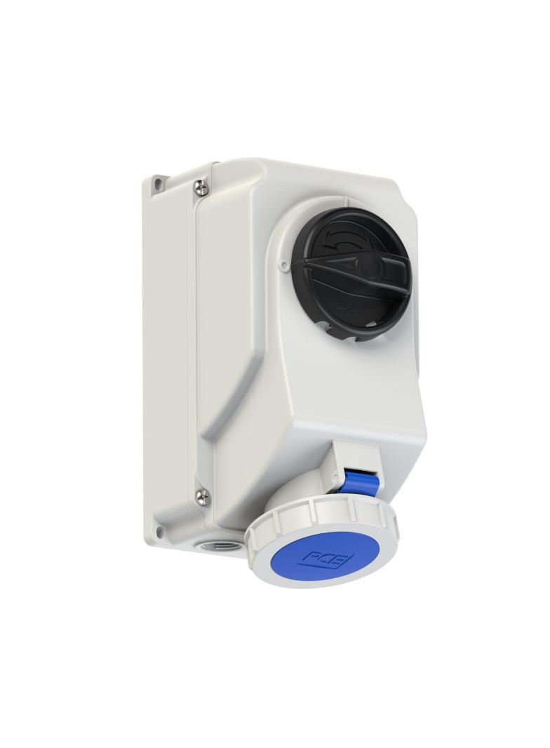 GNIAZDO Z WYŁĄCZNIKIEM 0-1 DUŻE BLOKADA MECHANICZNA 32A 230V 2P+Z IP67 IP67