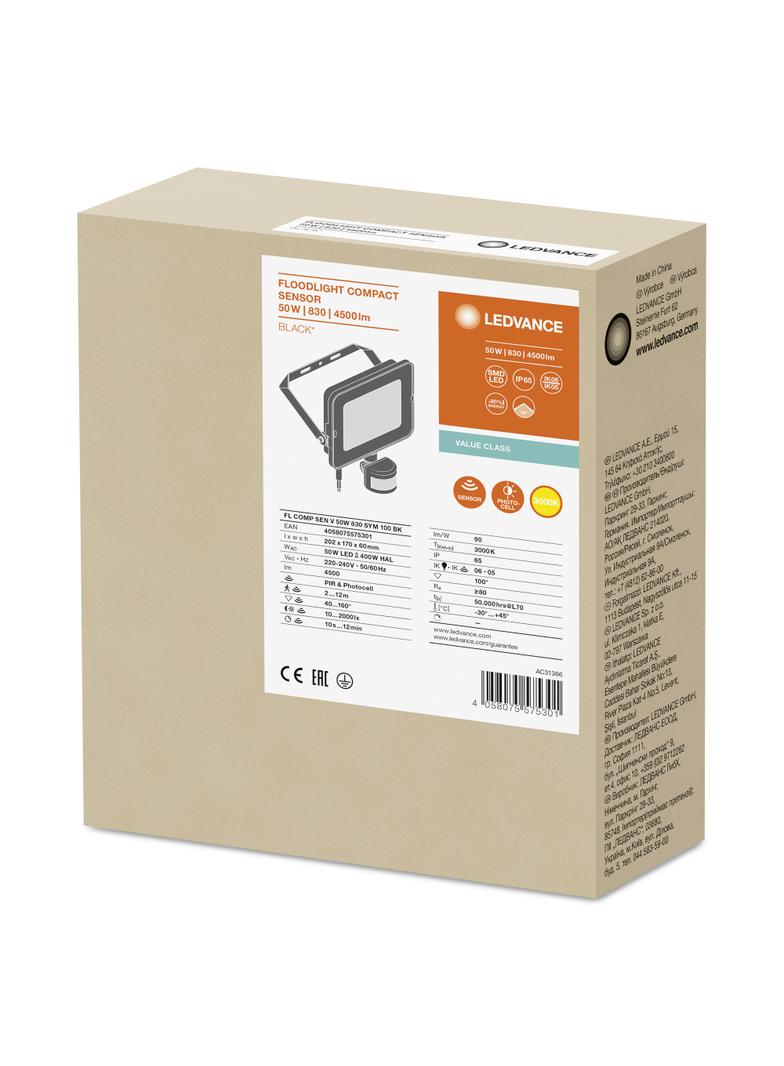Naświetlacz LED FLOOD COMPACT SENSOR V 50W 830 SYM 100 BK 4058075575301 LEDVANCE