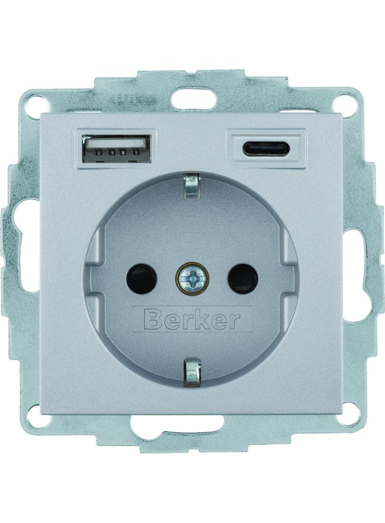 B.x Gniazdo SCHUKO z ładowarką USB A+C 20W PD, alu mat