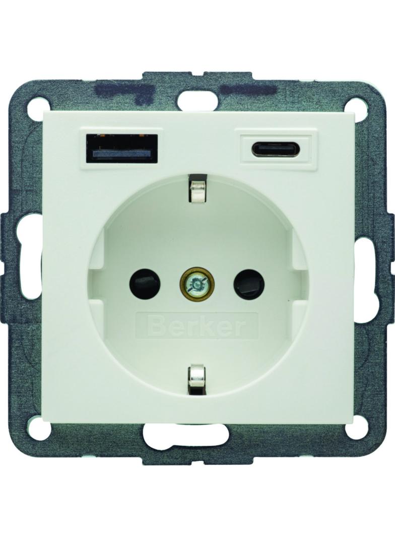 B.x Gniazdo SCHUKO z ładowarką USB A+C 20W PD, biały mat 48141909 HAGER