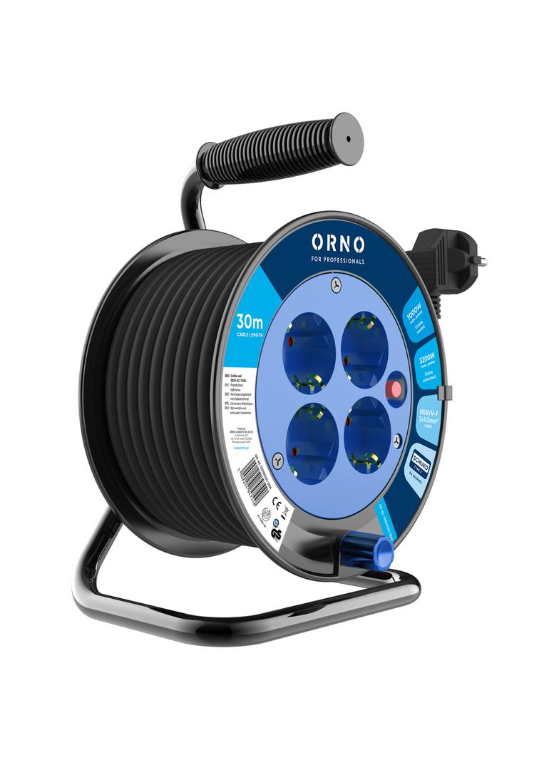 Przedłużacz bębnowy, 4 gniazda 2P+Z, kabel PVC H05VV-F 3x1,0mm2, długość 30m, termik, przesłony toró