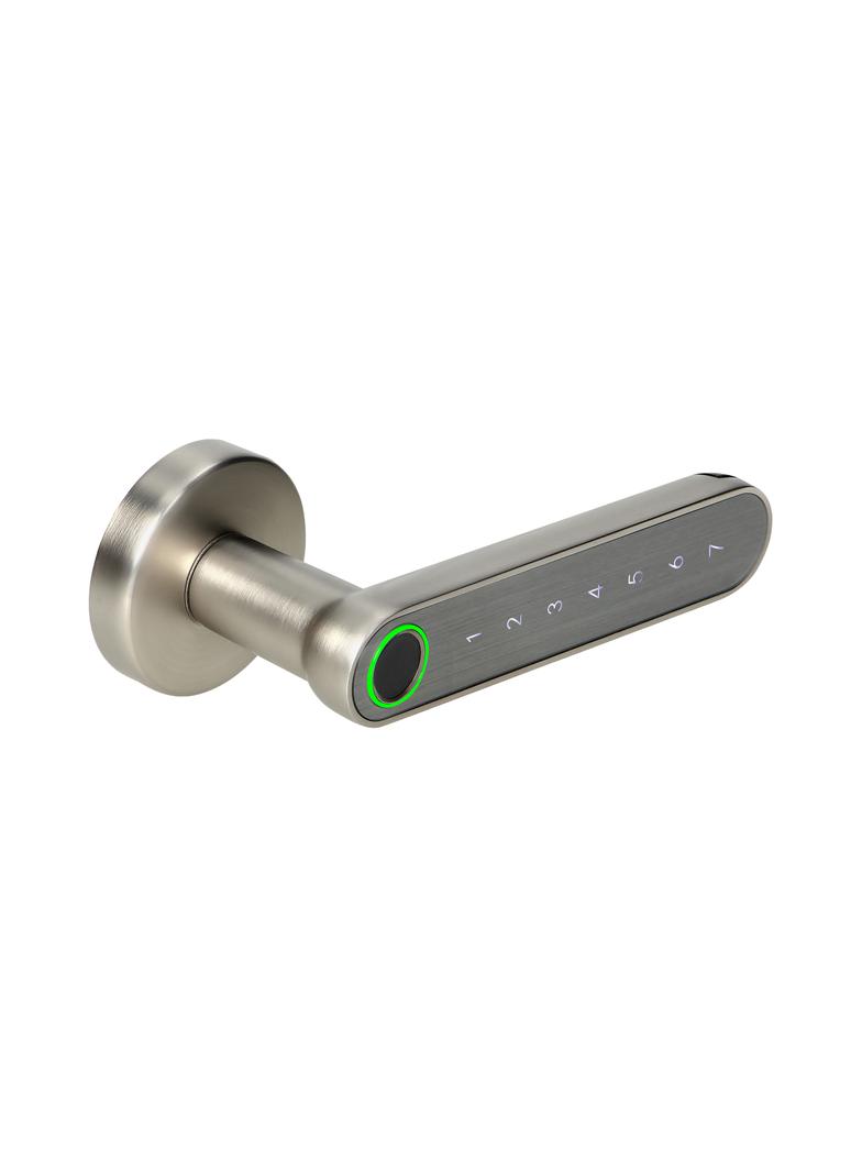 Klamka szyfrowa z klawiaturą dotykową. Otwierana na PIN z czytnikiem linii papilarnych oraz telefon