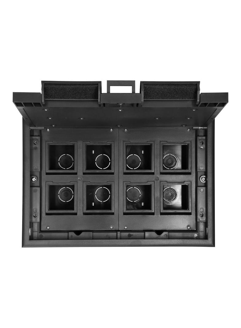 Puszka podłogowa na gniazda modułowe 8 x 45x45mm lub 16 x 22,5x45mm, pokrywa: stal nierdzewna, czarn