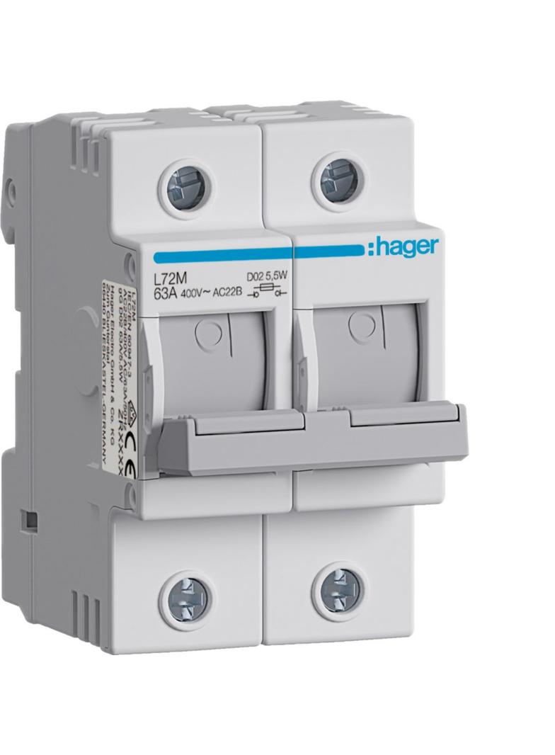 Modułowy rozłącznik bezpiecznikowy poziomy D02 2P 63A 400VAC 110/220VDC L72M HAGER