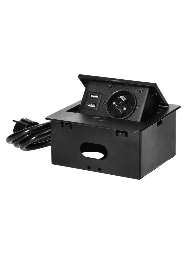 Gniazdo meblowe wpuszczane w blat z płaskim frezowanym rantem ładowarką USB i przewodem 1,5m 1x2P+ O