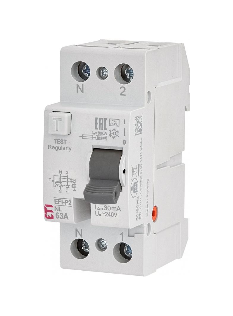 Wyłącznik różnicowoprądowy - N po lewej EFI-P2 A 63/0.3 NL 1P+N 63A 300mA Typ A 002061433 ETI