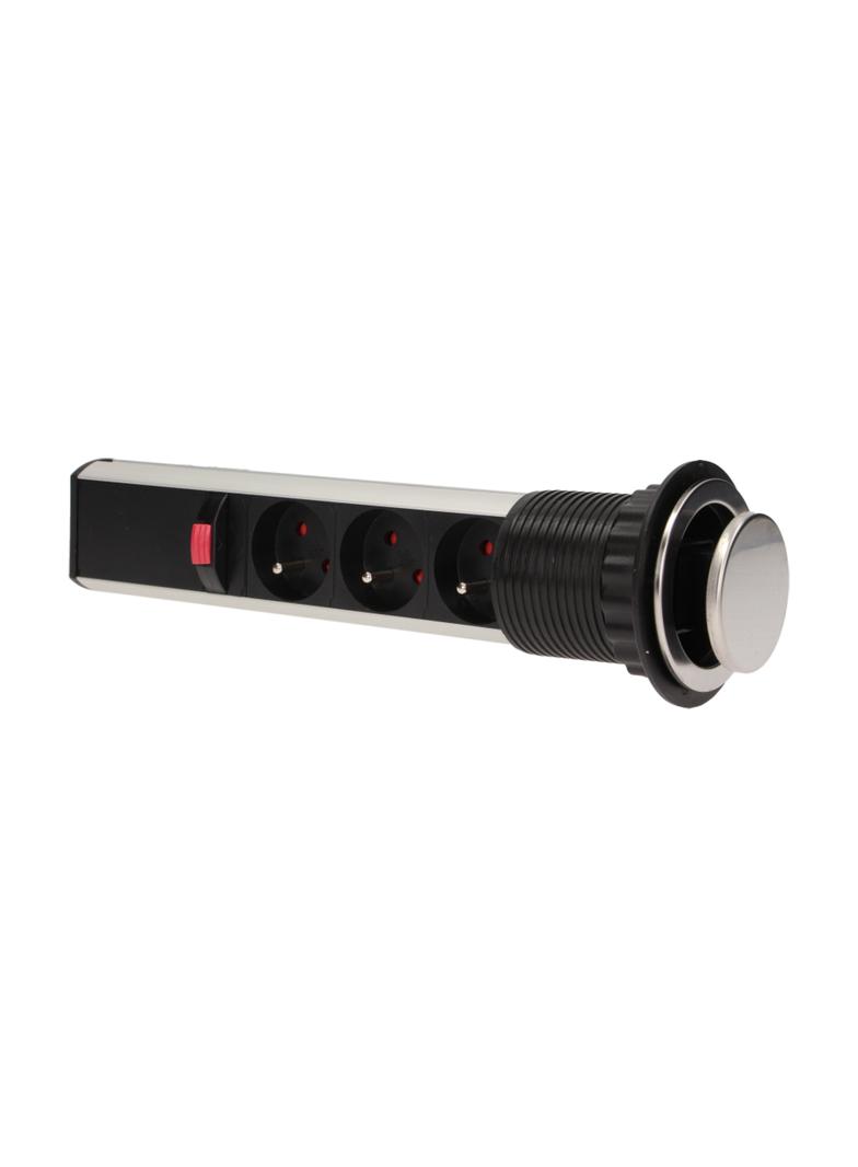 Gniazdo meblowe 3x2P+Z wysuwane z blatu 6cm, z blokadą i przewodem 1,8m, INOX